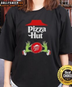 Hot Grinch hands holding a pizza slice on a Merry Christmas Ladies Tee from Pizza Hut, festive and fun design.