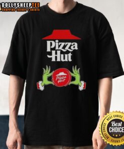 Alt Text: Hot Grinch Hands Love Pizza Hut Merry Christmas T-Shirt featuring festive design, perfect for holiday celebrations.