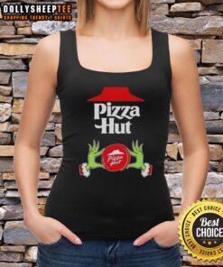 Hot Grinch hands holding a slice of pizza, wearing a Merry Christmas Tank Top, perfect for festive pizza lovers.