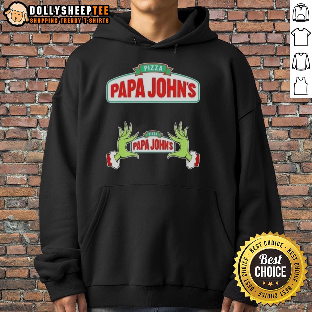 Hot Grinch Hands Love Pizza Papa John'S Merry Christmas Hoodie Cozy Hot Grinch hands holding a pizza slice in a Papa John's Merry Christmas hoodie, perfect for festive celebrations.