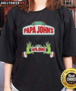 Hot Grinch hands holding a pizza, featuring a festive design on a Papa John's Merry Christmas ladies tee.
