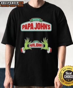 Alt Text: Hot Grinch hands holding a pizza with 'Love Pizza' on a Merry Christmas Papa Johns T-Shirt design.