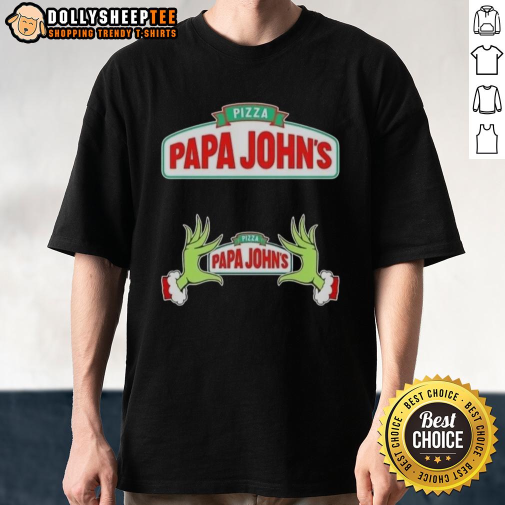 Hot Grinch Hands Love Pizza Papa John'S Merry Christmas T Shirt Alt Text: Hot Grinch hands holding a pizza with 'Love Pizza' on a Merry Christmas Papa Johns T-Shirt design.