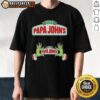 Alt Text: Hot Grinch hands holding a pizza with 'Love Pizza' on a Merry Christmas Papa Johns T-Shirt design.