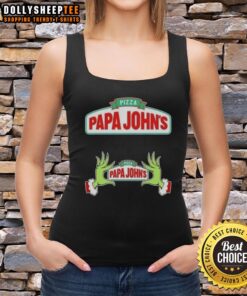 Hot Grinch hands holding a pizza slice in a Papa John's Merry Christmas tank top, festive and fun holiday vibe.