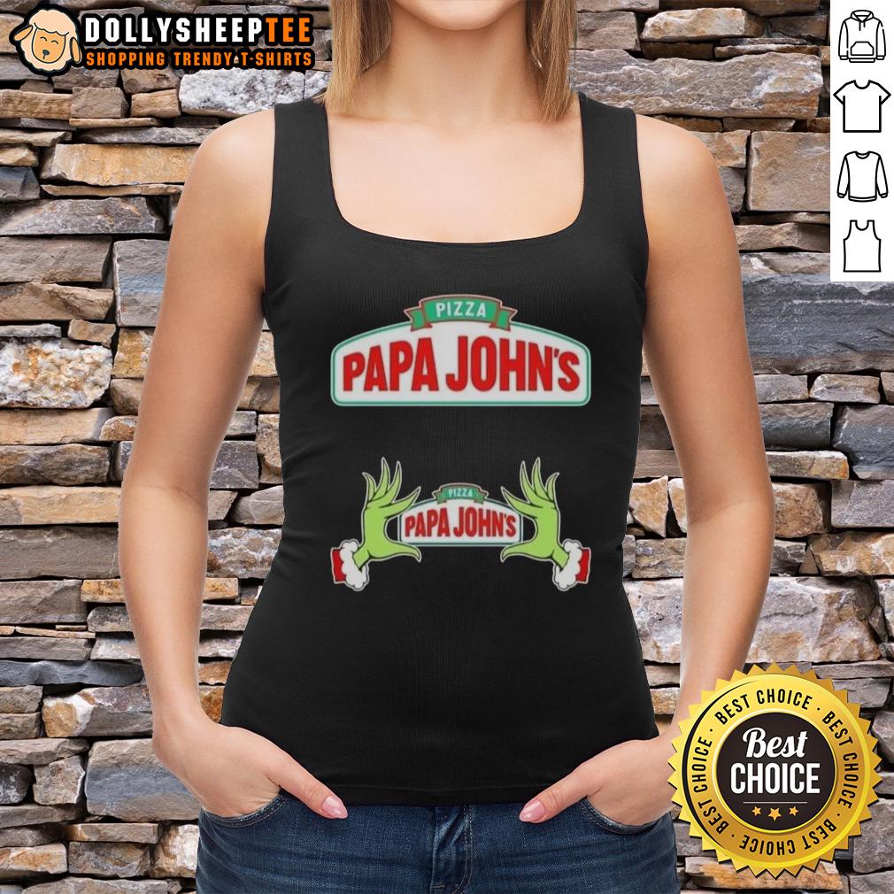 Hot Grinch Hands Love Pizza Papa John'S Merry Christmas Tank Top Hot Grinch hands holding a pizza slice in a Papa John's Merry Christmas tank top, festive and fun holiday vibe.