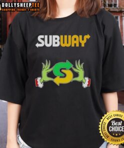Hot Grinch hands on a Merry Christmas ladies tee, perfect for holiday cheer and festive subway style.