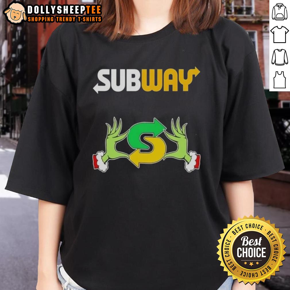 Hot Grinch Hands Love Subway Merry Christmas Ladies Tee Hot Grinch hands on a Merry Christmas ladies tee, perfect for holiday cheer and festive subway style.