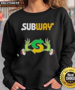 Hot Grinch Hands Love Subway Merry Christmas Sweatshirt featuring festive design and cozy style for holiday cheer.