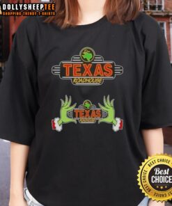 Alt Text: Hot Grinch Hands Love Texas Roadhouse Merry Christmas Ladies Tee featuring festive design and vibrant colors.