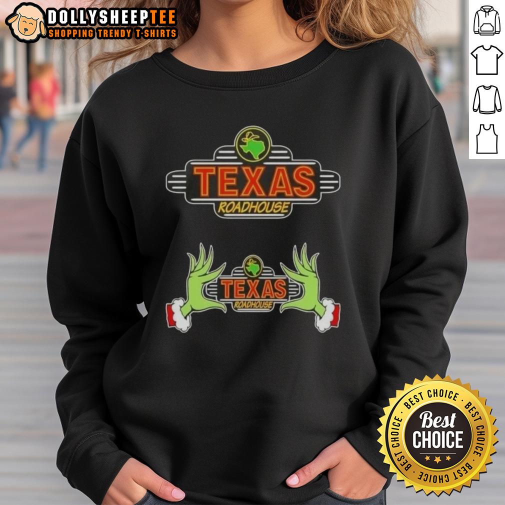Hot Grinch Hands Love Texas Roadhouse Merry Christmas Sweatshirt Alt Text: Cozy Hot Grinch Hands Love Texas Roadhouse Merry Christmas sweatshirt, perfect for holiday celebrations and festive cheer.
