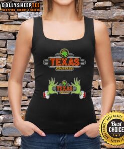 Hot Grinch hands with love for Texas Roadhouse on a Merry Christmas tank top, perfect for festive holiday celebrations.