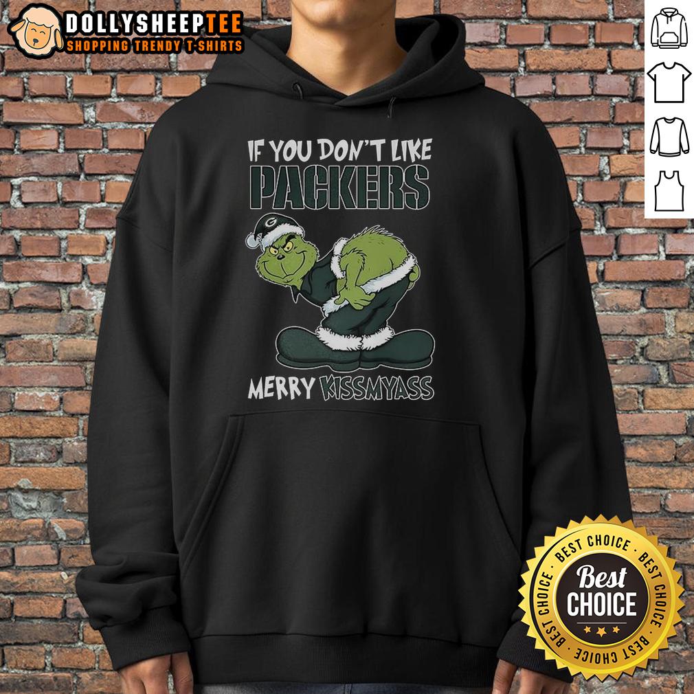 Hot Grinch X Green Bay Packerss If You Don't Like Packers Merry Kissmyass 2025 Christmas Hoodie Alt Text: Hot Grinch X Green Bay Packers hoodie for Christmas 2025, featuring 'If You Don't Like Packers, Merry Kiss My Ass' text.