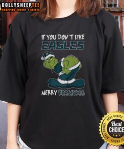 Alt Text: Hot Grinch X Philadelphia Eagles Christmas tee for ladies, perfect for non-Packers fans this holiday season.