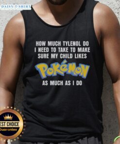 Child wearing a Pokemon tank top, showing enthusiasm for Pokemon, with a playful background related to Tylenol dosage.