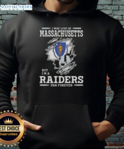 Hot I May Live In Massachusetts But I'm A Raiders Fan Forever Hoodie in black, showcasing team pride and cozy style.