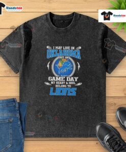 Alt Text: Detroit Lions football washed t-shirt, perfect for game day, showcasing team spirit even in Oklahoma.