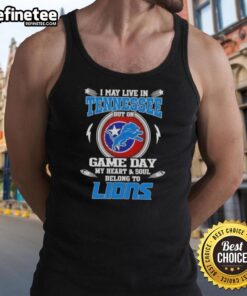 Alt Text: Woman wearing a Detroit Lions tank top with 'Hot I May Live In Tennessee' graphic on game day.