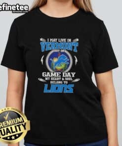 Alt Text: Detroit Lions ladies tee for game day, showcasing pride in Vermont with a stylish design.