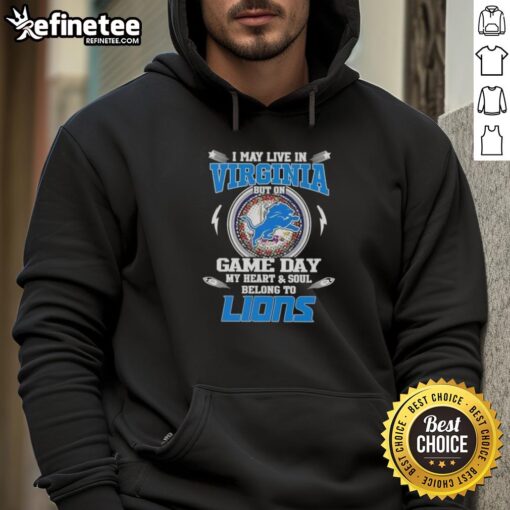 Person wearing a Detroit Lions hoodie, showcasing team pride on game day, despite living in Virginia.