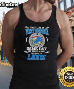 Alt Text: Woman wearing a Detroit Lions tank top with 'Hot I May Live in West Virginia But My Heart Belongs to Detroit' slogan.