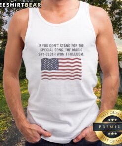 Alt Text: Woman wearing 'Hot If You Don't Stand For The Special' tank top against a vibrant sky, showcasing freedom and style.