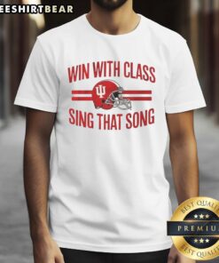 Alt Text: Indiana Hoosiers Football T-Shirt featuring 'Win With Class' slogan and helmet design, perfect for fans.