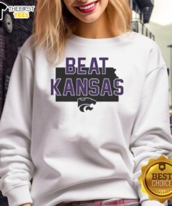 Alt Text: Hot Kansas State Wildcats beat Kansas slogan sweatshirt, showcasing team spirit and pride in vibrant colors.