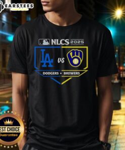 Hot Milwaukee Brewers vs Los Angeles Dodgers 2025 NLCS matchup T-shirt featuring team logos and vibrant colors.