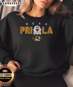 Hot Missouri Tigers football sweatshirt featuring Beau Pribula and Boo Ghost for Halloween, perfect for fans.