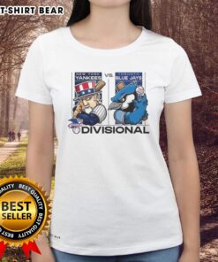 Hot New York Yankees vs Toronto Blue Jays AL Division Series 2025 ladies tee featuring vibrant team mascots and logos.
