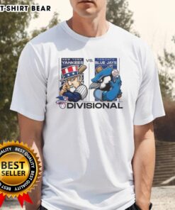 Hot New York Yankees vs Toronto Blue Jays ALDS 2025 mascot T-shirt featuring vibrant team logos and colorful design.