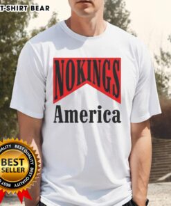 Alt Text: Hot No Kings America Medicine Packaging Sarcastic T-Shirt design featuring bold graphics and humorous text.