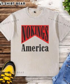 Alt Text: Sarcastic 'Hot No Kings America' medicine packaging design on a washed t-shirt, perfect for casual, humorous wear.