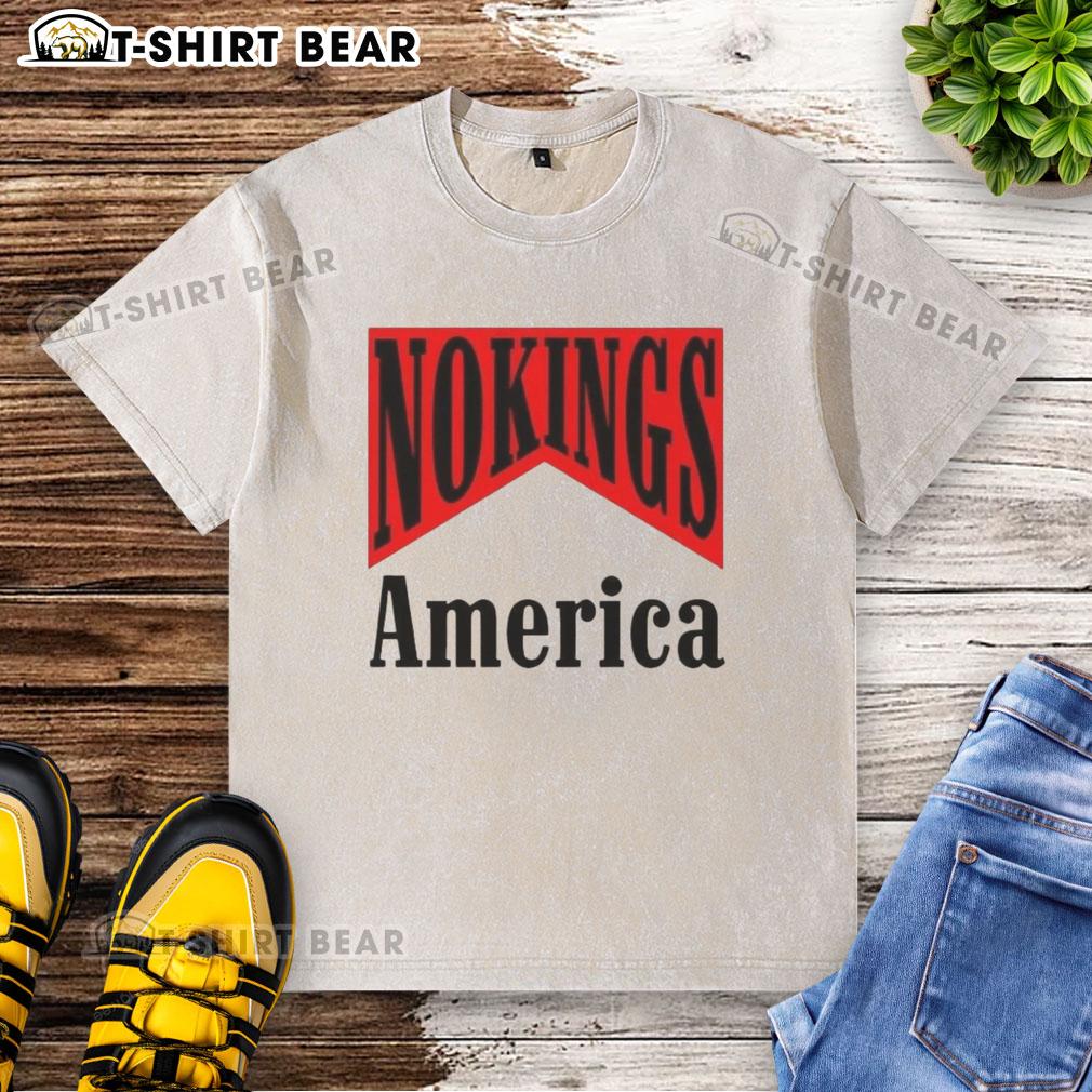 Hot No Kings America Medicine Packaging Sarcastic Washed T Shirt Alt Text: Sarcastic 'Hot No Kings America' medicine packaging design on a washed t-shirt, perfect for casual, humorous wear.