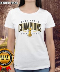 Alt Text: OKC Thunder NBA Champions 2025 trophy design on a ladies tee, celebrating Oklahoma City's basketball victory.