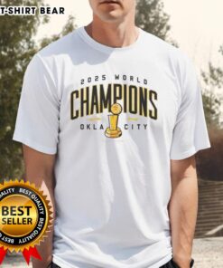 Hot OKC Thunder NBA Champions 2025 T-shirt featuring Oklahoma City trophy design, perfect for fans celebrating victory.