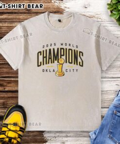 Alt Text: OKC Thunder NBA Champions 2025 trophy washed t-shirt showcasing team pride and style for fans in Oklahoma City.