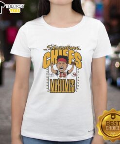 Caricature of Patrick Mahomes in a Kansas City Chiefs jersey on a ladies tee, perfect for football fans.