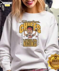 Hot Patrick Mahomes Kansas City Chiefs sweatshirt featuring a stylish caricature and signature design for fans.