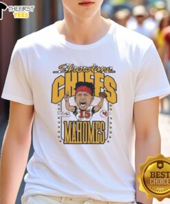 Patrick Mahomes caricature signature T-shirt for Kansas City Chiefs fans, showcasing vibrant football-themed design.