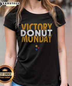 Alt Text: Hot Pittsburgh Steelers Football Victory Donut Monday Ladies Tee featuring vibrant team colors and playful design.