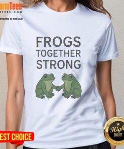 Hot Portland Frogs Together Strong Ladies Tee featuring vibrant frog graphics and empowering text on a stylish shirt.
