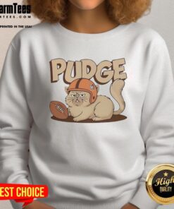 Cute Hot Pudge the Cat wearing a cozy football sweatshirt, perfect for pet lovers and sports enthusiasts.