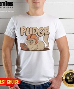 Hot Pudge The Cat Football T-Shirt featuring a playful cat graphic, perfect for feline and football fans alike.