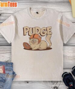 Hot Pudge the Cat on a football-themed washed t-shirt, perfect for pet lovers and sports enthusiasts.