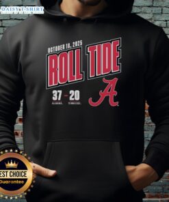Hot Roll Tide hoodie featuring the score 37-20, Alabama Crimson Tide vs. Tennessee Volunteers, 2025 game.