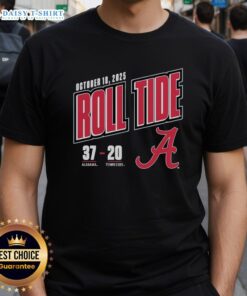 Hot Roll Tide Score 37-20 Alabama Crimson Tide Vs Tennessee Volunteers 2025 T-Shirt celebrating the football victory.