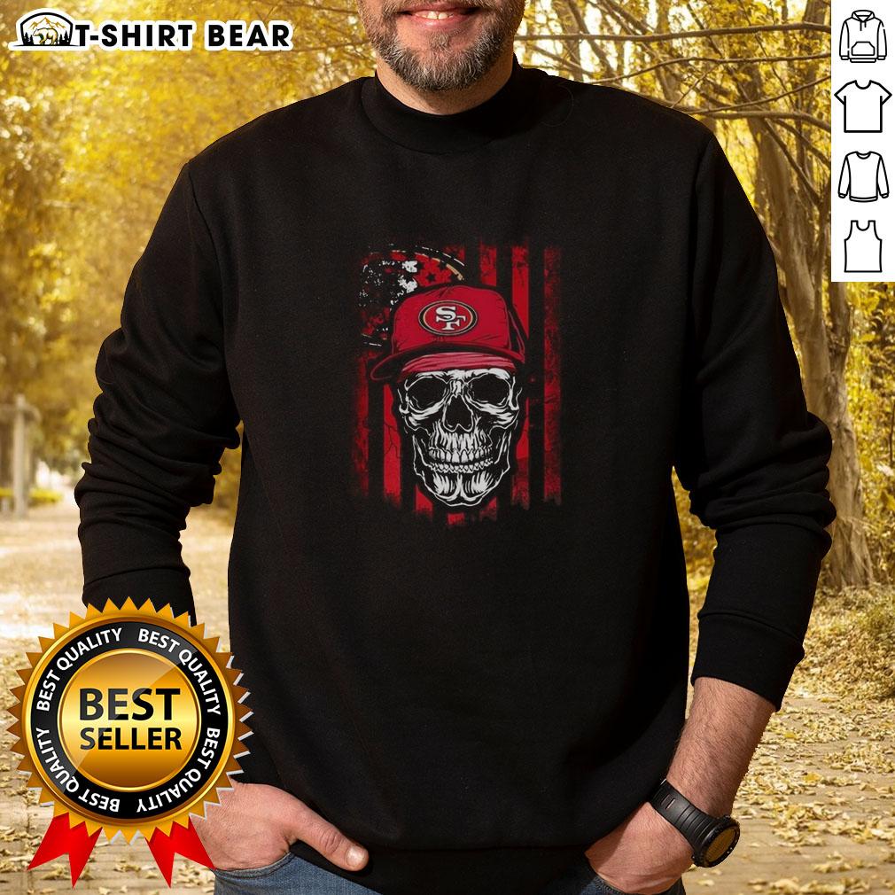 Hot San Francisco 49Ers Nfl Skull American Flag Footaball Lover Sweatshirt Alt Text: Hot San Francisco 49ers NFL sweatshirt featuring a skull design with an American flag, perfect for football lovers.