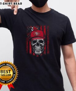 Alt Text: Hot San Francisco 49ers NFL skull t-shirt featuring American flag design for football lovers.